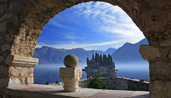View of the island of St George's Benedictine Monastery from the loggia of the church on the island of Our Lady of the Rock. Photo: Stevan Kordic