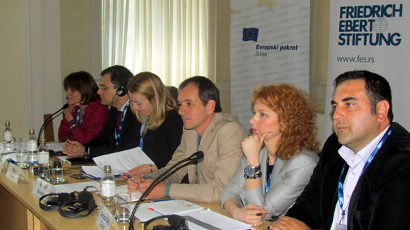 From left to right: Jelica Minic, Deputy Secretary General of the Regional cooperation Council; Diogo Pinto, Secretary General of the European Movement International; Maja Bobic, Secretary General of the European Movement in Serbia; Kristof Bender, Deputy Chairman of ESI; Senada Selo Sabic, Research Fellow at the Institute of International Relations in Zagreb; and Momcilo Radulovic, Secretary General of the European Movement in Montenegro. Photo: European Movement in Serbia