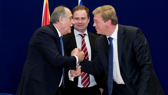 Montenegrin Foreign Minister Milan Rocen, Danish Minister for European Affairs Nicolai Wammen, and European Commissioner Stefan Füle. Photo: The Council of the EU