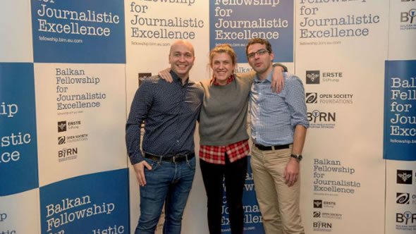 The winners of the 2017 fellowship: 1. AlexiaTsagkari (centre), 2. Octavian Coman (right) and 3. Vladimir Kostic (left). Photo: BIRN