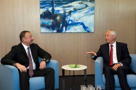 Ilham Aliyev and Thorbjorn Jagland in Strasbourg in June. Photo: Sandro Weltin/Council of Europe