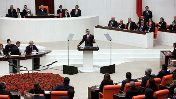 US President Barack Obama speaking to the Turkish Parliament on 6 April 2009