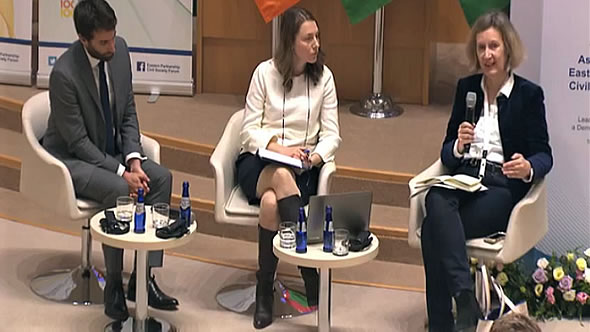 Alexandra Stiglmayer (right) at panel on human rights in the Georgian parliament. Screenshot: Annual Assembly of the Eastern Partnership Civil Society Forum