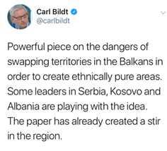 Carl Bildt: Powerful piece on the dangers of swapping territories in the Balkans in order to create ethnically pure areas. Some leaders in Serbia, Kosovo and Albania are playing with the idea. The paper has already created a stir in the region.