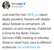 Tim Judah: Just read the new @ESI_eu report. Really excellent. Packed with details about Serbian re-armament, US position on land swap etc. Published in time for the Berlin, French-German-WB6 meeting on Monday. Great on what Vucic says to different audiences. @rumeliobserver @adicerimagic