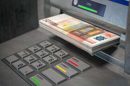 AdobeStock_270003454 - ATM machine and euro. Withdrawing 50 euro banknotes. Banking concept
