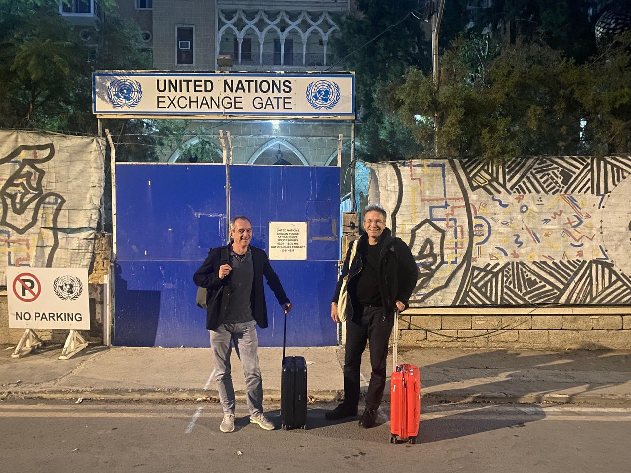 Kristof and Gerald in front of the Ledra Palace in the buffer zone in Nicosia