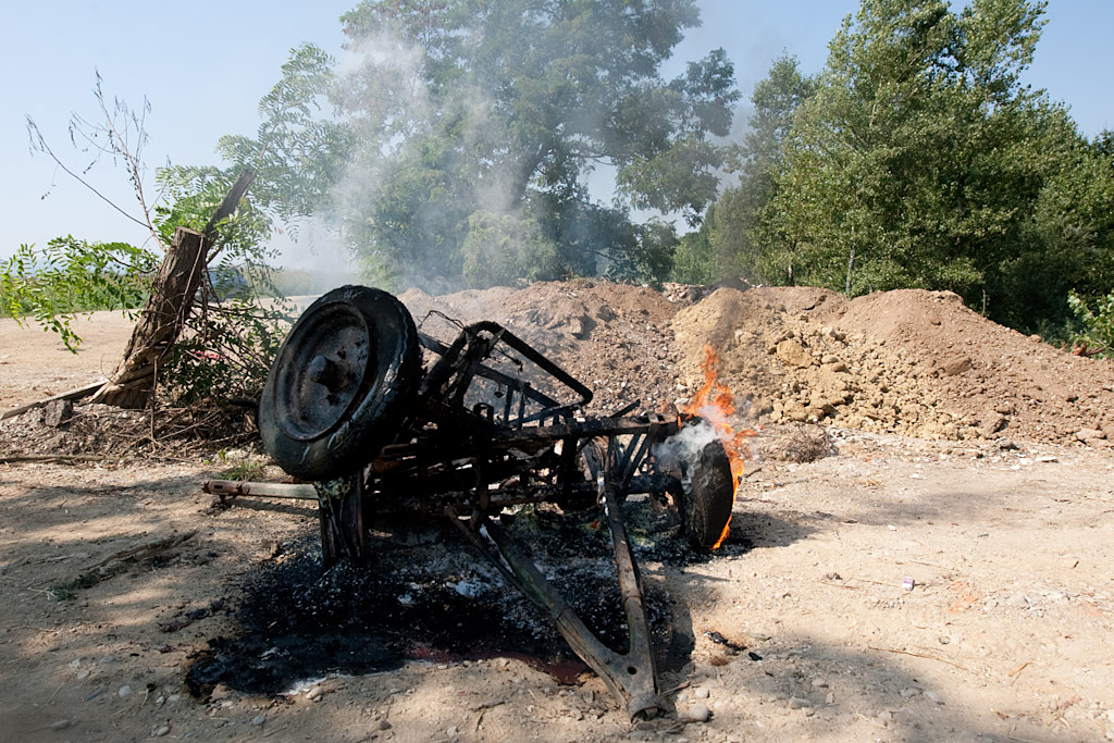 A tractor trailer illegally dumped at Prilipe burns. Potentially hazardous waste – including car and truck tyres – should be safely disposed of at separate sites.  Photo: Miro Majcen/ESI